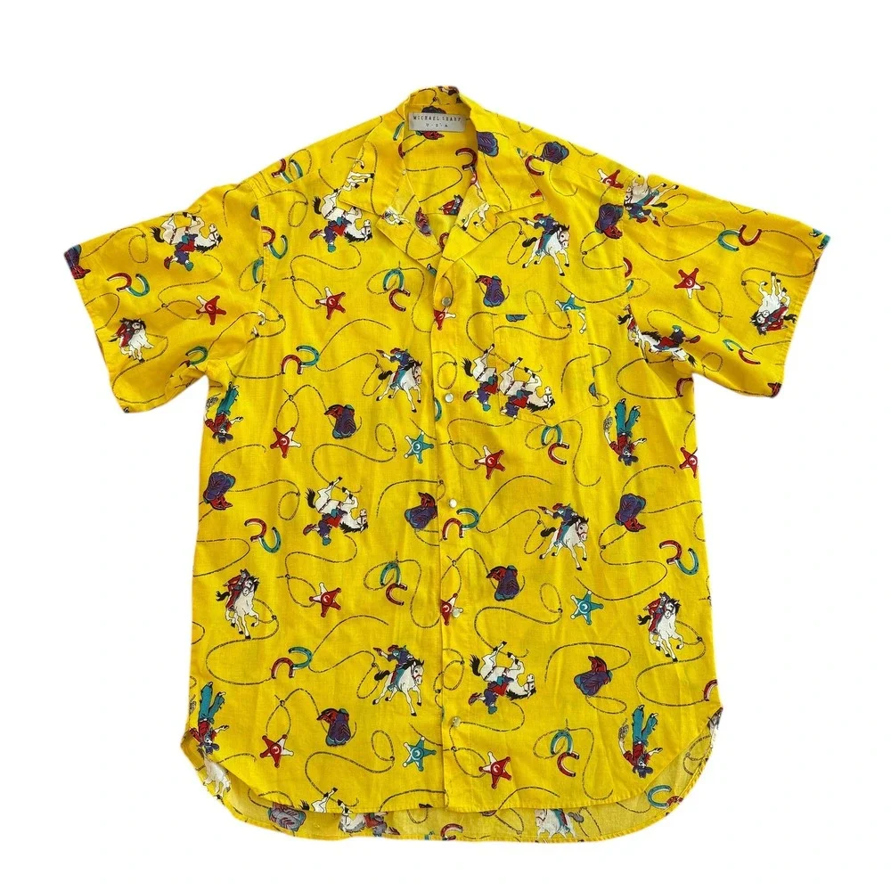 Vintage Michael Sharp Shirt Mens‎ Yellow Cowboy Rodeo Western Button Up XL